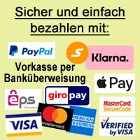 Sicher und einfach bezahlen mit PayPal, Kreditkarte, Sofortüberweisung, giropay oder eps Überweisung