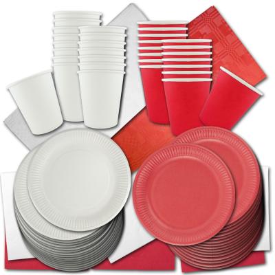Partygeschirr Set mit umweltschonenden Papptellern, Pappbechern, Servietten und Tischtüchern in rot und weiß für 32 Personen.
