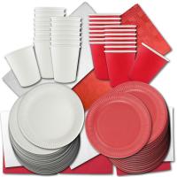 Partygeschirr Set mit umweltschonenden Papptellern, Pappbechern, Servietten und Tischtüchern in rot und weiß für 32 Personen.