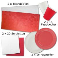 Mengenangaben des Partygeschirr Set rot-weiß mit Papptellern, Pappbechern, Servietten und Tischdecken.