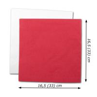 Papierservietten in den Farben weiß, rot und mit Größenangaben.