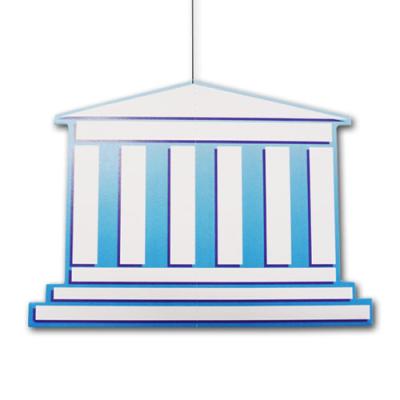 Dekohänger aus Karton in Form der Akropolis in den blau-weißen Farben der Griechenland Flagge.