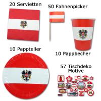 Partygeschirr mit rot-weiß-rotem Österreich Flagge Motiv und Mengenangaben.