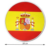 Großer, runder Dekohänger mit Spanien Flagge aus Karton und 28 cm Durchmesser Abmessungsanzeige.