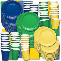 Partygeschirr Set für 24 Personen, mit Papptellern, Pappbechern und Servietten in den Farben grün, gelb und blau.