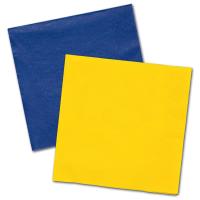 Papierservietten in den Farben blau und gelb für den farbig gedeckten Partytisch.
