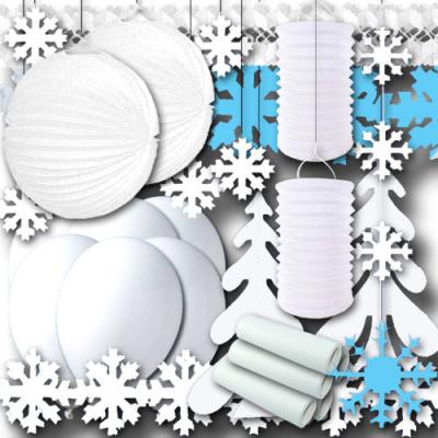Großes Winterdeko Partyset mit weißer Partydeko und Schneeflocken Spezialdeko