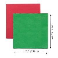 Papierservietten in den Farben rot, grün und mit Größenangaben.