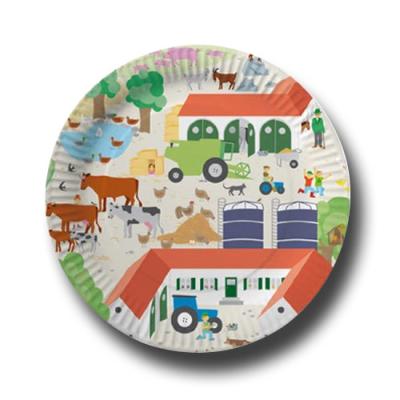 8 Pappteller für die Kindergeburtstag Bauernhof Mottoparty mit Tiermotiven mit ca. 23 cm Durchmesser.