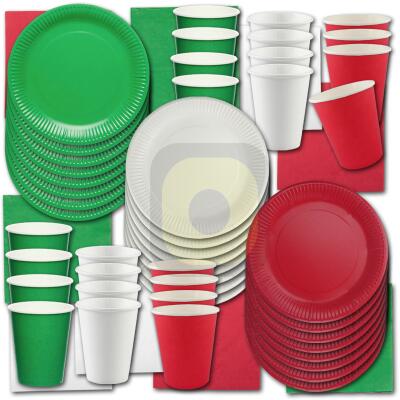 Partygeschirr Set grün-weiß-rot mit Papptellern, Pappbechern und Servietten.