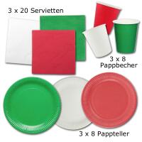 24 Pappteller, 24 Pappbecher und 60 Papierservietten in rot, grün und weiß für den farbig gedeckten Partytisch.