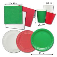 Pappteller, Pappbecher und Papierservietten in grün-weiß-rot mit Größenangaben.