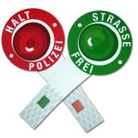Deko Polizeikellen aus Karton mit grüner STRASSE FREI und roter HALT POLIZEI Motiv auf jeweils einer Seite.