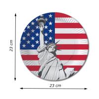 Pappteller mit USA Flagge und Freiheitsstatue Motiv und Größenangabe.