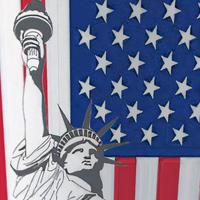 Detailansicht der Pappbecher mit USA Flaggen und Freiheitsstatue Motiv.