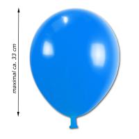 Luftballon blau aus Naturlatex mit Abmessungsanzeige von maximal 33 cm Durchmesser.