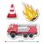 Kindergeburtstag Tischdeko mit Feuerwehrauto, Feuer und Verkehrsleitkegel Motiven aus Karton.