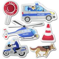 6 Tischdeko Motive Polizei (Polizeiauto, Polizeihubschrauber, Polizeikelle, Verkehrsleitkegel, Polizeimotorrad, Polizeihund) aus Karton.