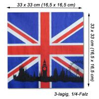 Großbritannien Flagge Papierservietten mit Union Jack und Größenangaben