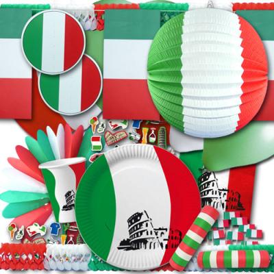 Großes Italien Partyset mit Partydeko und Partygeschirr in den grün-weiß-roten Farben der Italien Flagge.