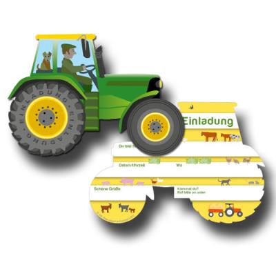 Einladungskarton mit Motiv Traktor für den Kindergeburtstag Bauernhof.