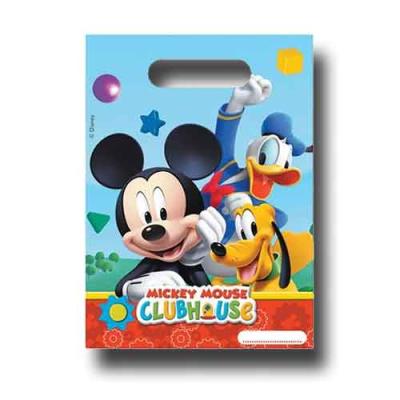 Kindergeburtstag Partytaschen aus Kunststoff, mit bunten Mickey Mouse, Donald Duck und Pluto Motiven.