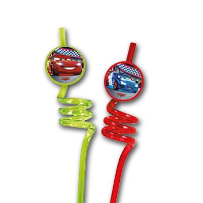 2 farbige Spiral-Trinkhalme mit Motiven für die Kindergeburtstag Cars Mottoparty.