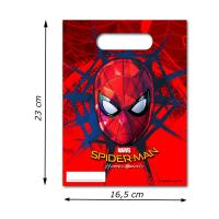 Partytaschen mit rotem Spiderman Motiv und Größenangaben.
