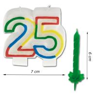 Geburtstagskerzen bunt und Zahlenkerze 25 mit Abmessungsanzeigen.