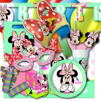 1 umfangreiches Partyset zum Partymotto Minnie Mouse, mit passendem Partygeschirr und Partydeko.