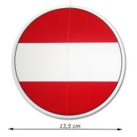 Dekohänger rund mit Österreich Flagge Motiv und Abmessungsanzeige von 13,5 cm Durchmesser.