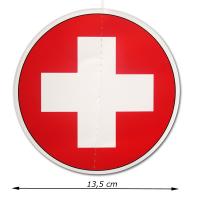 Dekohänger rund mit Schweizer Flagge Motiv und Abmessungsanzeige von 13,5 cm Durchmesser.