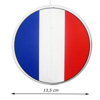 Dekohänger rund mit beidseitig bedrucktem Frankreich Flagge Motiv und Abmessungsanzeige von 13,5 cm Durchmesser.