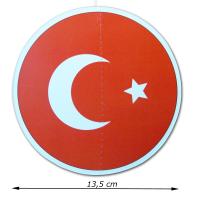 Beidseitig bedruckter Dekohänger rund mit Türkei Flagge Motiv und 13,5 cm Durchmesser Abmessungsanzeige.