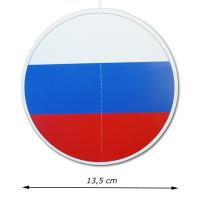 Runder, beidseitig bedruckter Dekohänger mit Russland Flagge Motiv und Abmessungsanzeige bei 13,5 cm Durchmesser.