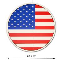 Beidseitig bedruckter Dekohänger mit USA Flagge Motiv und Abmessungsanzeige von 13,5 cm Durchmesser.