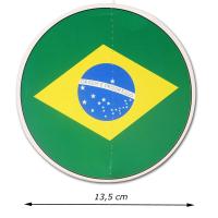 Beidseitig bedruckter Dekohänger rund mit Brasilien Flagge Motiv und Abmessungsanzeige von 13,5 cm Durchmesser.