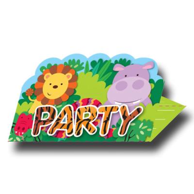 8 Einladungskarten für den Kindergeburtstag mit Partymotto Safari.