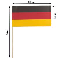Deutschland Flagge Papierfähnchen 22 x 12 cm, 38 cm Holzstab mit Größenangaben