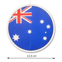 Beidseitig bedruckter, runder Dekohänger mit Australien Flagge Motiv und Abmessungsanzeige von 13,5 cm Durchmesser.