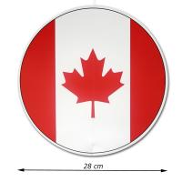 Großer, runder Dekohänger mit Kanada Flagge aus Karton und 28 cm Durchmesser Abmessungsanzeige.