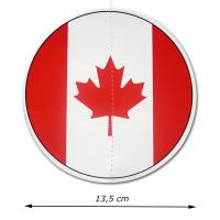Beidseitig bedruckter Deckenhänger rund mit Kanada Flagge Motiv und Abmessungsanzeige von 13,5 cm Durchmesser.