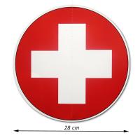 Großer, runder Dekohänger aus Karton mit Schweiz Flagge und 28 cm Durchmesser Abmessungsanzeige.