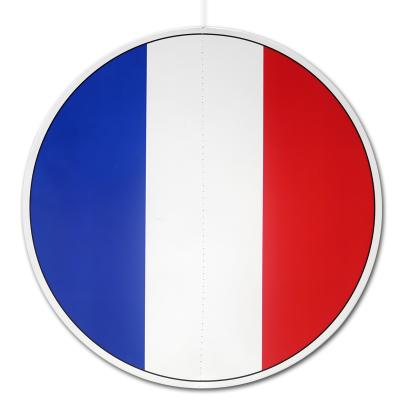 Großer, runder Deckenhänger mit Frankreich Flagge aus Karton, beidseitig bedruckt und 28 cm Durchmesser Abmessungsanzeige.