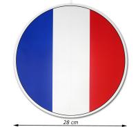 Großer, runder Deckenhänger mit Frankreich Flagge aus Karton, beidseitig bedruckt und 28 cm Durchmesser Abmessungsanzeige.