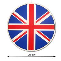 Großer, runder Deckenhänger mit Großbritannien Flagge aus Karton und 28 cm Durchmesser Abmessungsanzeige.