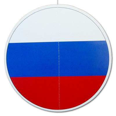 Runder, großer Deckenhänger mit Russland Flagge aus Karton und 28 cm Durchmesser Abmessungsanzeige.