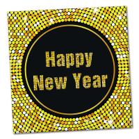 Silvesterdeko Servietten schwarz-goldgelb, mit HAPPY NEW YEAR Schriftzug.