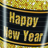 Großansicht der Silvesterdeko Trinkbecher mit HAPPY NEW YEAR Motiv und schwarz-goldgelbem Muster.