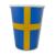 10 blau-gelbe Pappbecher Schweden im Design der schwedischen Flagge mit gelbem Kreuz auf blauem Hintergrund.